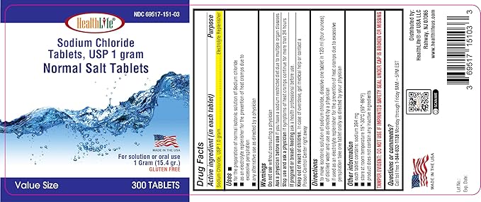 Health Life Sodium Chloride Tablets 1 gm, USP | 300 Count | Normal Salt Tablets | Sodium Mineral Supplement (15.4gr.) | Electrolytes Replenisher Hydration Drink