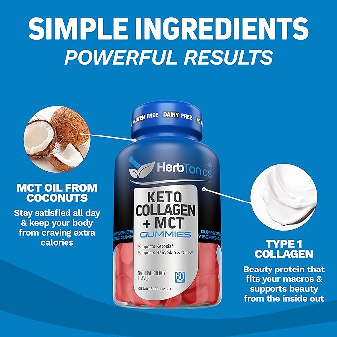 Herbtonics Keto Gummies with MCT + Collagen | Sugar Free MCT Oil Capsules | Anti Aging, Hair Growth, Skin Care & Strong Nails Protein Collagen Gummies | On-The-Go Keto Gummy