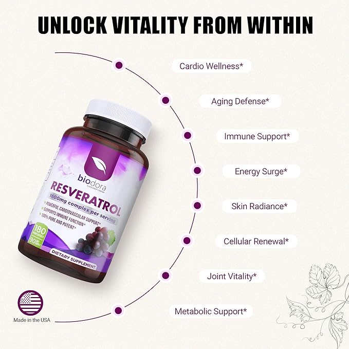 Resveratrol 1600mg, Trans-Resveratrol Antioxidant Supplement 180 Capsules
