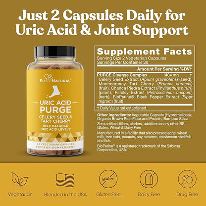 Purge! Uric Acid Flush – Eat & Drink What You Want – Detox and Cleanse with Celery Seed Extract, Tart Cherry & Chanca Piedra for Effective Joint Support & Active Mobility – 60 Soft Vegan Capsules