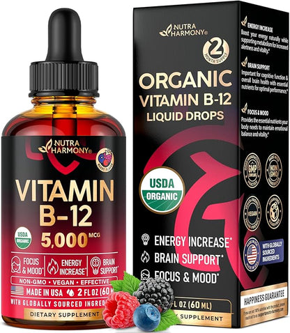 USDA Organic Vitamin B12 Sublingual Drops - 5000 mcg Liquid Vegan Methylcobalamin for Women & Men - Energy Boost, Focus & Mood, Brain Health Support - Maximize Absorption - 2 Month Supply, 2 fl oz