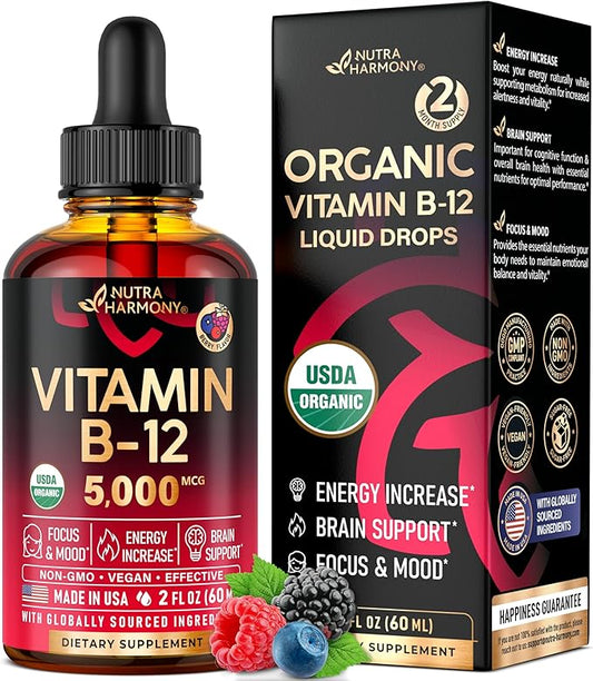USDA Organic Vitamin B12 Sublingual Drops 5000 mcg 2 Month 2 fl