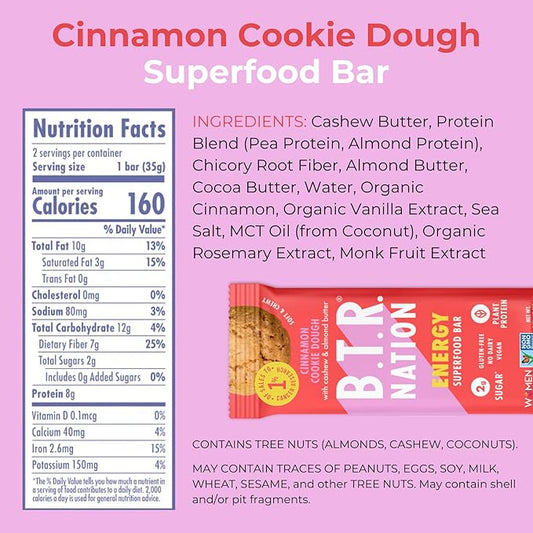 B.T.R. Superfood Keto Bars, Plant Based Vegan Protein, Low Carb, Calorie, GF, No Sugar Alcohols, Boosted with Superfoods | Cinnamon Cookie Dough & Dark Chocolate Brownie 12 Pack of Each
