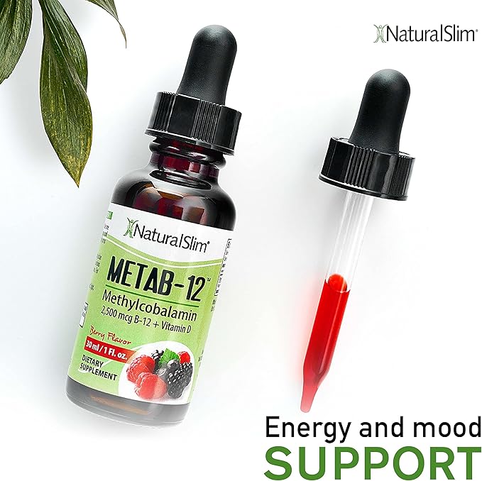 NaturalSlim Metab-12 - Liquid Vitamin B12 Sublingual Supplement 2500 mcg with Vitamin D3 Oral Drops - Methylcobalamin B12 for Metabolism & Energy Booster - Berry Flavor Gluten Free - 1 fl oz