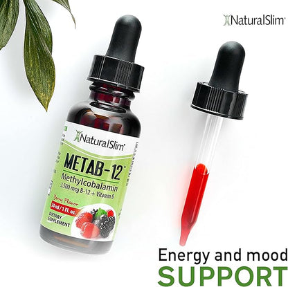 NaturalSlim Metab-12 - Liquid Vitamin B12 Sublingual Supplement 2500 mcg with Vitamin D3 Oral Drops - Methylcobalamin B12 for Metabolism & Energy Booster - Berry Flavor Gluten Free - 1 fl oz