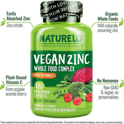 NATURELO Vegan Zinc Immune Support Capsules 120 Capsules (2 Pack)