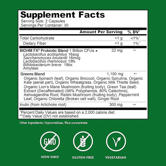 BIOHM Microbiome Super Greens Veggiecaps 11 Green 2 Nootropic 60 count (30 Servings)