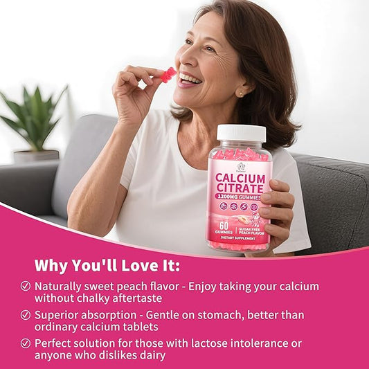 Calcium Citrate Gummies 1200 mg for Adults, High Absorption Pure Calcium Supplement for Women & Men, Sugar Free, Non-GMO, Gluten Free, Supports Muscle & Immune - Natural Peach Flavor, 120 Gummies