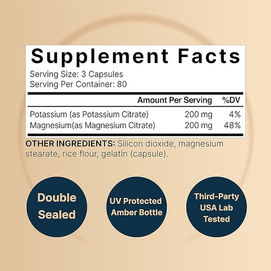 Potassium Magnesium Supplement – Potassium 200 mg + Magnesium 200 mg | 240 Capsules – Easily Absorbed Citrate Forms – Muscle, Bone, & Heart Health Support – Non-GMO