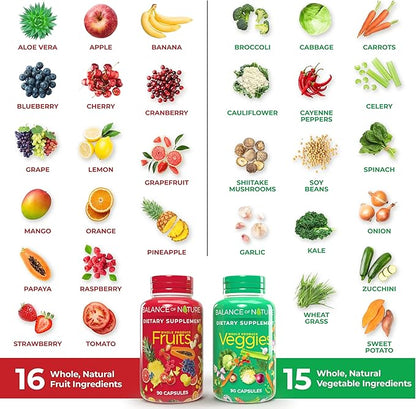 Balance of Nature Fruits & Veggies - Whole Food Supplement with Superfood Fruits and Vegetables for Women, Men, and Kids - 90 Fruit Capsules, 90 Veggie Capsules - 1 Set