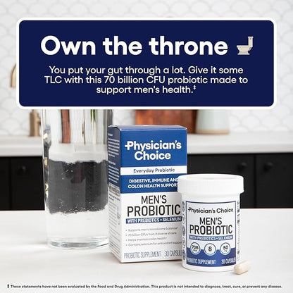 Physician's CHOICE Probiotics for Men - 70 Billion CFU - 8 Strains - w/Selenium & Organic Prebiotics - Supports Digestive Health, Microbiome, Colon, & Immune Health - Advanced Men's Probiotic - 30ct