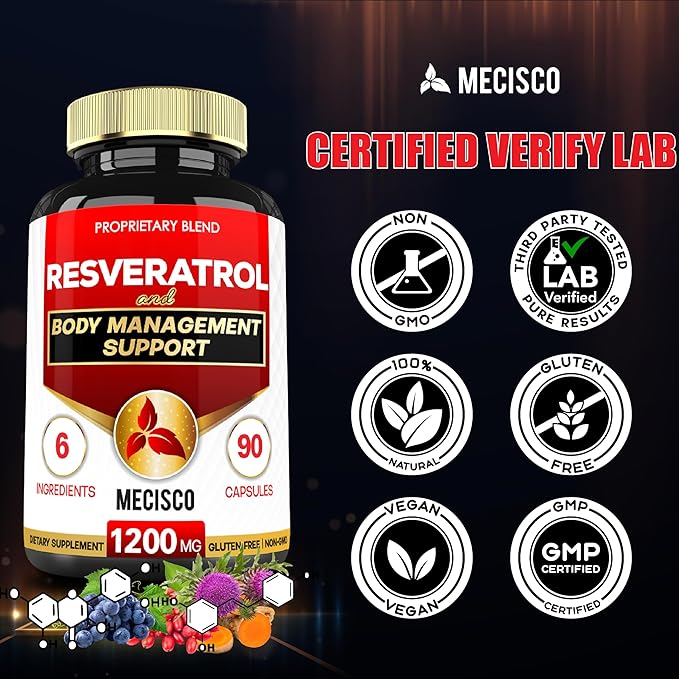 Trans Resveratrol Supplement with Grape Seed, 1000mg Organic 6 Herbal 90 Capsules