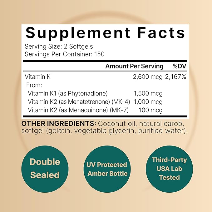 NatureBell Vitamin K Complex, K1 + K2 (MK-7 (MK-7 & MK-4) 2,600mcg 2,600mcg Per 300 Coconut