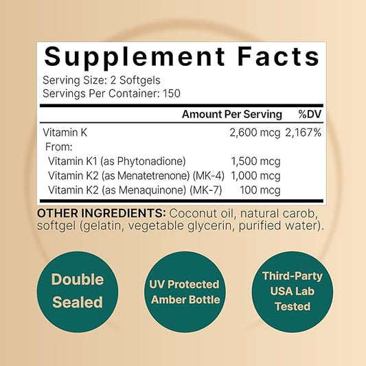NatureBell Vitamin K Complex, K1 + K2 (MK-7 (MK-7 & MK-4) 2,600mcg 2,600mcg Per 300 Coconut