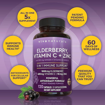 Viva Naturals Elderberry with Vitamin C and Zinc for Adults - 5 in 1 Sambucus Black Elderberry Capsules with Vitamin D3 5000 IU Immunity Supplement, Sambucus Elderberry Immune Support Supplement