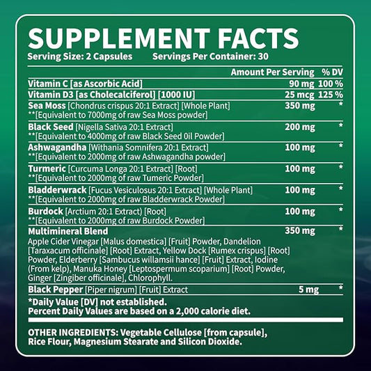 VEV Irish Sea Moss, Ashwagandha, Burdock, Black Seed Oil, Multi Minerals - 60Capsules
