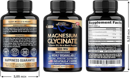 Magnesium Glycinate 500 mg - Chelated Supplement - with Vitamin B6 & D3 - High Absorption 98% - Support for Sleep, Muscle & Heart Health - Made in USA, Lab Tested & Non-GMO - 240 Capsules