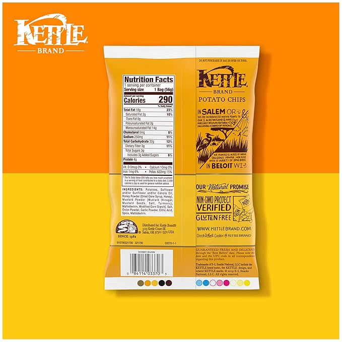 Kettle Brand Potato Chips, Honey Dijon Kettle Chips, Snack Bag, 2 Oz (Pack of 6)