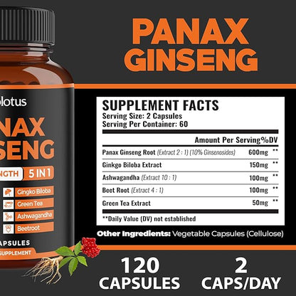Zolotus Korean Red Panax Ginseng + Ginkgo Biloba, Ashwagandha, Beetroot, Green Tea - Support Strength, Stamina, Energy Production & Mood Balance - 120 Capsules