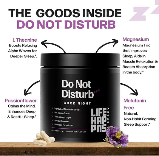 Life Happns Do Not Disturb Sleep Aid for Adults Natural Supplement with L-Theanine, Magnesium, Passion Flower & Evodia Fruit for Restorative Sleep Melatonin-Free, Non Habit-Forming, 60 Capsules