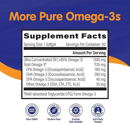 OmegaVia Ultra Concentrated Omega 3 Fish 60 Softgels, 3 Fish 1135 mg Omega3, No 5-Star
