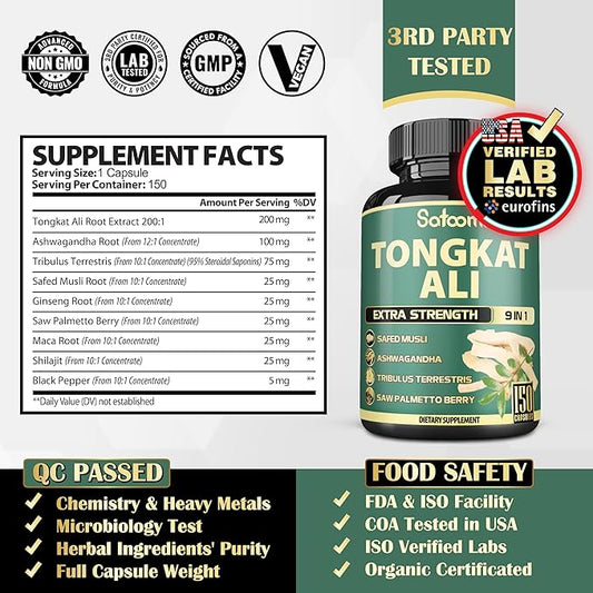 9in1 Tongkat Ali Root Extract 200:1 - Ashwagandha, Tribulus Terrestris - 150 Capsules for 5 Months - Support Strength, Energy & Healthy Immune