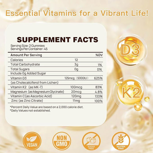 Vitamin D3 K2 Gummies, Vitamin D3 5000IU with K2 (MK-7) 100mcg Gummy for Women and Men, Sugar-Free D3 K2 Supplement with Magnesium, Vitamin C, Zinc Support Muscle, Bones & Immune