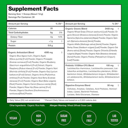 NutraChamps Super Greens Powder Premium Superfood | 20+ Organic Green Veggie Whole Foods | Wheat Grass, Spirulina, Chlorella | Antioxidant, Digestive Enzyme & Probiotic Blends (9.0 Oz, Unflavored)