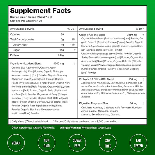 NutraChamps Super Greens Powder Premium Superfood | 20+ Organic Green Veggie Whole Foods | Wheat Grass, Spirulina, Chlorella | Antioxidant, Digestive Enzyme & Probiotic Blends (9.0 Oz, Unflavored)
