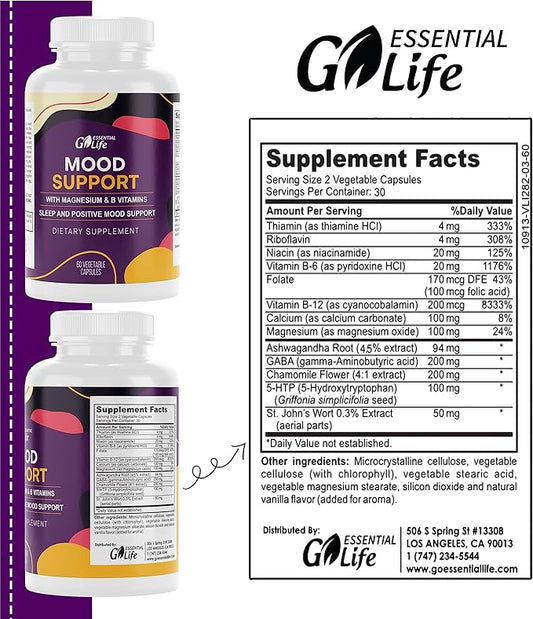 Mood Support Supplement 5-HTP, Vitamin B6-B12, and 60 Capsules