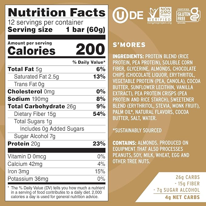 No Cow High Protein Bars, S'Mores - Healthy Snacks, 20g Vegan Protein, High Fiber, Low Sugar, Keto Friendly, Dairy & Gluten Free (12 Count)