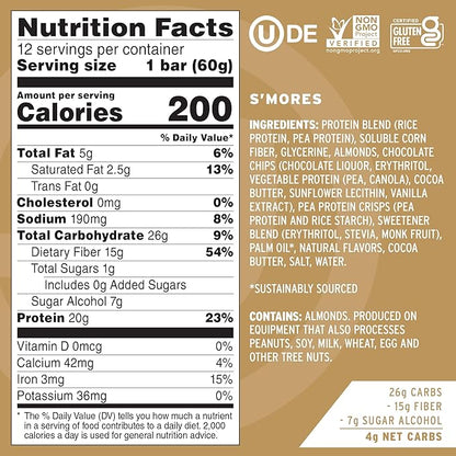 No Cow High Protein Bars, S'Mores - Healthy Snacks, 20g Vegan Protein, High Fiber, Low Sugar, Keto Friendly, Dairy & Gluten Free (12 Count)