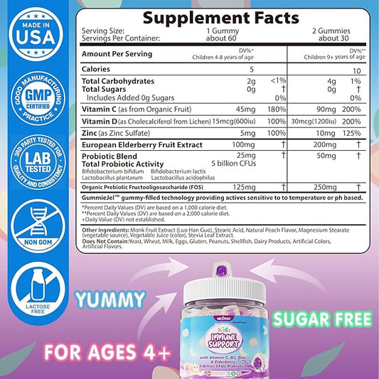 Kid Vitamin C Gummies With Zinc D3, Elderberry, Probiotics & Prebiotics, Sugar Free Immune Gummies for Kids 4+, Childrens Vitamins Supplement for Immune & Digestive Health, Powerful Antioxidant, 60cts