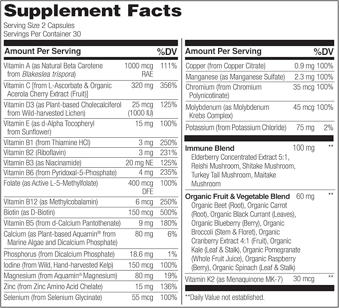 NATURELO Whole Food Multivitamin + Immune D3, Zinc, 60 Vegan 2)