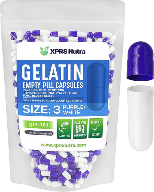 XPRS Nutra Size 3 Empty Capsules - 100 Count Empty Gelatin Capsules - Empty Pill Capsules - DIY Capsule Filling - Pure Bovine Pill Capsules Empty Gel Caps (Purple/White)