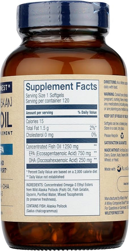 Wiley's Finest Wild Alaskan Fish Oil Peak EPA - Triple Strength Peak EPA and DHA - 1000mg Omega-3s, SQF-Certified - 120 Softgels (120 Servings)