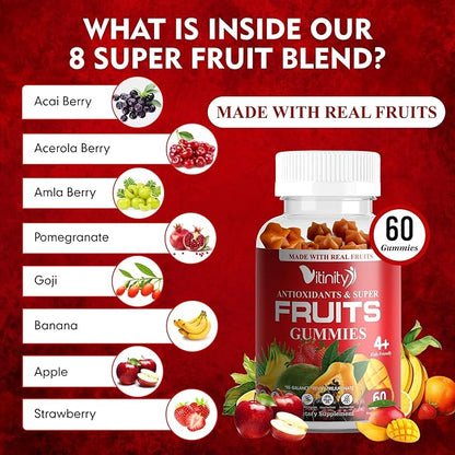 Made with Real Super Fruits Delicious Gummy Supplement,Men,Women & Kids(60 Chews),9 Superfruits,Fruit & Herbs,Superfruits Vitamins,Non-GMO,Pectin-Based,Gluten-Free,No More Pills-30 Day Supply
