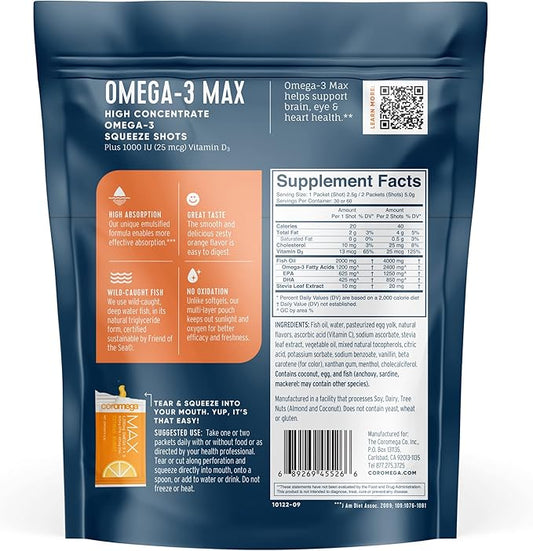 Coromega MAX High Concentrate Omega 3 2400mg Omega-3s Omega-3s with 3X Better 90 Single