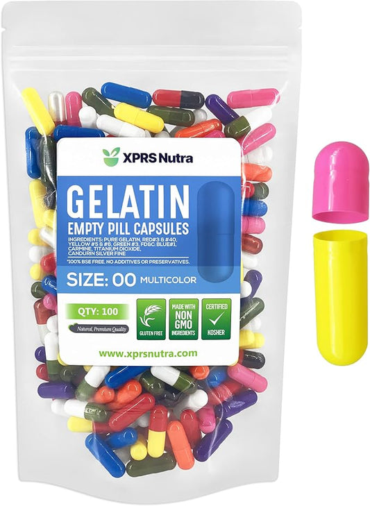XPRS Nutra Size 00 Empty Capsules - 100 Count Empty Gelatin Capsules - Empty Pill Capsules - DIY Capsule Filling - Fillable Pill Capsules Empty Gel Caps (Multi Color)