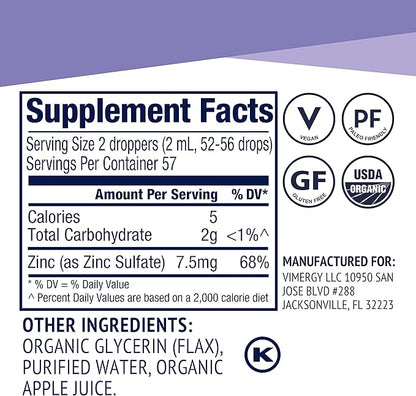 Vimergy Liquid Zinc – Fast-Absorbing Immune Support* – Promotes Healthy Bones & Skin – USDA Certified Organic, Vegan, Non-GMO – 57 Servings (115 mL)