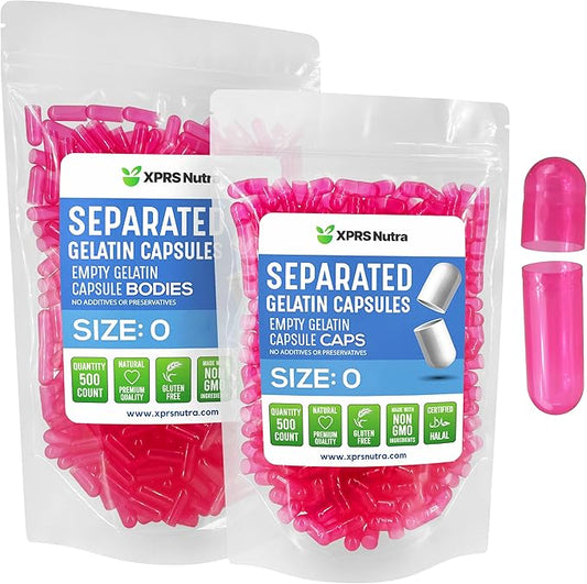 XPRS Nutra Gelatin Size 0 Separated Capsules - 500 Count Empty Capsules Separated in Bags - Size 0 Gelatin Capsules - Empty Gelatin Capsules for DIY Supplement Filling (Azalea Pink)