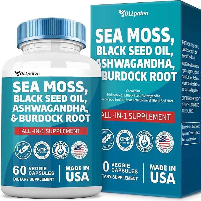 Sea Moss 3000mg Ashwagandha 1000mg Black 2000mg Turmeric 1000mg Burdock 1000mg Bladderwrack 1000mg & D3 Elderberry 60 Capsules