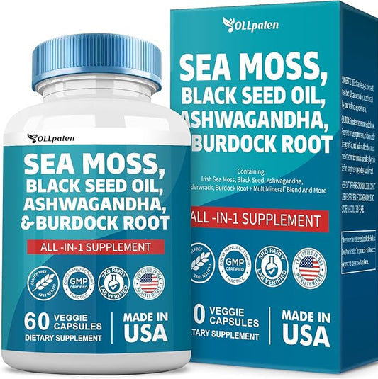 Sea Moss 3000mg Ashwagandha 1000mg Black 2000mg Turmeric 1000mg Burdock 1000mg Bladderwrack 1000mg & D3 Elderberry 60 Capsules