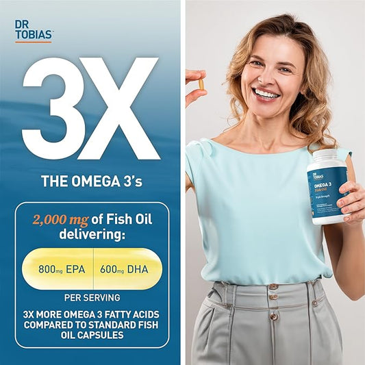 Dr. Tobias Omega 3 Fish Oil, 2000mg Triple 3 Supplement 800mg EPA 600mg DHA 3 Supplements 180 Softgels, 90 Servings