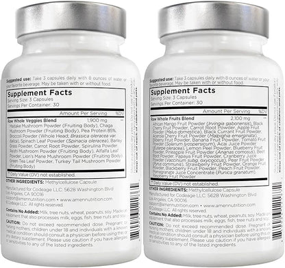 Amen Fruits + Veggies Vitamins Bundle, Raw Whole Food Multivitamin Capsules, Greens Vegetables, Red Fruits & Berries Vegan Blend, Fibers + Phytonutrients Superfood Minerals Supplement, Non-GMO, 180 ct