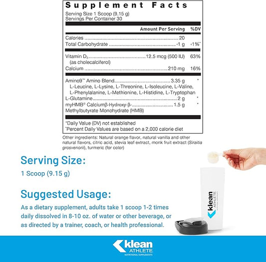 Klean ATHLETE Klean Essential Aminos + HMB - Blend of Essential Amino Acids - with HMB, Vitamin D3 & Glutamine for Lean Muscle Mass - 9.7 Ounces - Natural Orange Cream Flavor