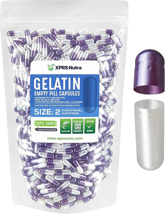 XPRS Nutra Size 2 Empty Capsules - 1000 Count Empty Gelatin Capsules - Empty Pill Capsules - DIY Capsule Filling - Pure Bovine Pill Capsules Empty Gel Caps (Pearl Purple/White)
