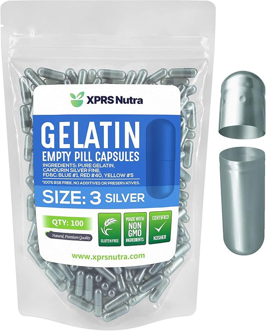 XPRS Nutra Size 3 Empty Capsules - 100 Count Empty Gelatin Capsules - Empty Pill Capsules - DIY Capsule Filling - Pure Bovine Pill Capsules Empty Gel Caps (Silver)