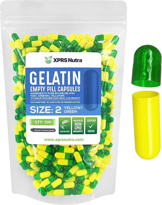 XPRS Nutra Size 2 Empty Capsules - 500 Count Empty Gelatin Capsules - Empty Pill Capsules - DIY Capsule Filling - Pure Bovine Pill Capsules Empty Gel Caps (Green/Yellow)