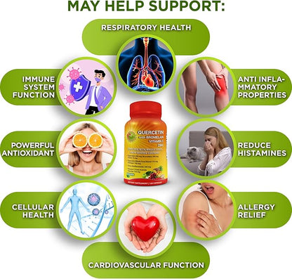 Quercetin with Bromelain Vitamin C and Zinc with Organic Whole Food Quercetin Blend - 1215mg per Serving - Phytosome Quercetin 500mg Capsules with Ginger and Flavonoids for Immune Support - 120 count